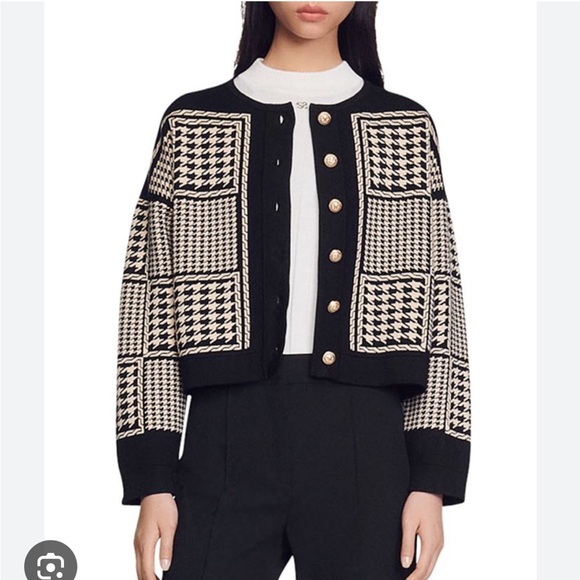 NWT sandro houndstooth pattern jules cardigan ivory/black size 1/FR 36 - Picture 1 of 12